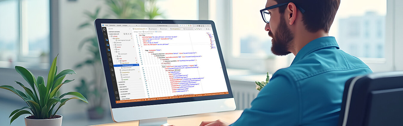 Eine Person sitzt vor einem Desktop-PC und arbeitet an einer IDE.